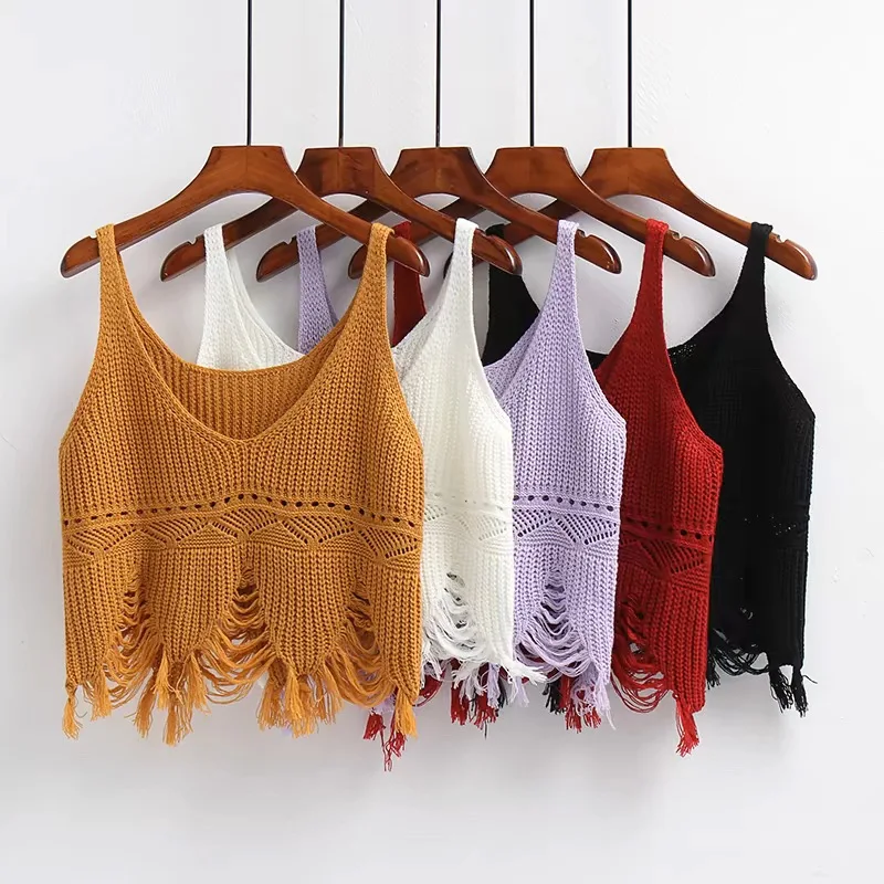 

Women's Hollow Out Fringe Knit Vest Spring Autumn Sleeveless Sweater Cami Top Black White Purple Khaki Red Cover Up Tank Top