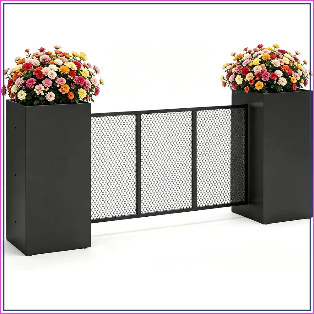 2 Pack Tall Metal Planter Boxes with Black Privacy Fence Panels Outdoor Patio Divider 30 Inch
