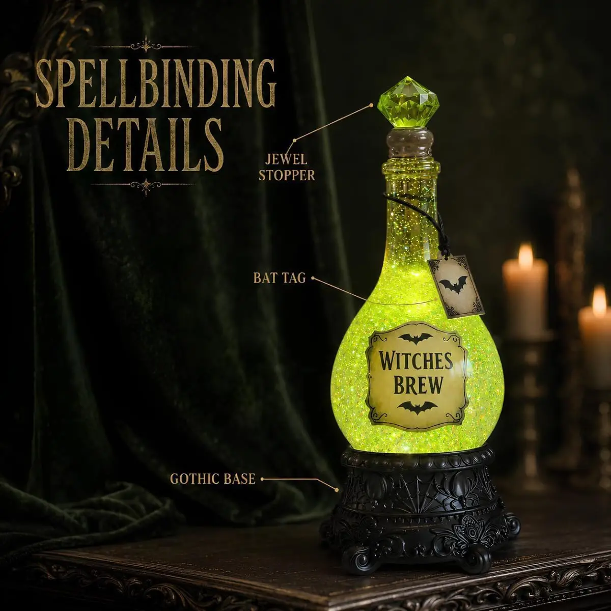 Lighted Witches' Brew Bottle Glitter Globe Green Light up with Swirling Glitter Effect Jewel Stopper And Bat Tag for Decorations
