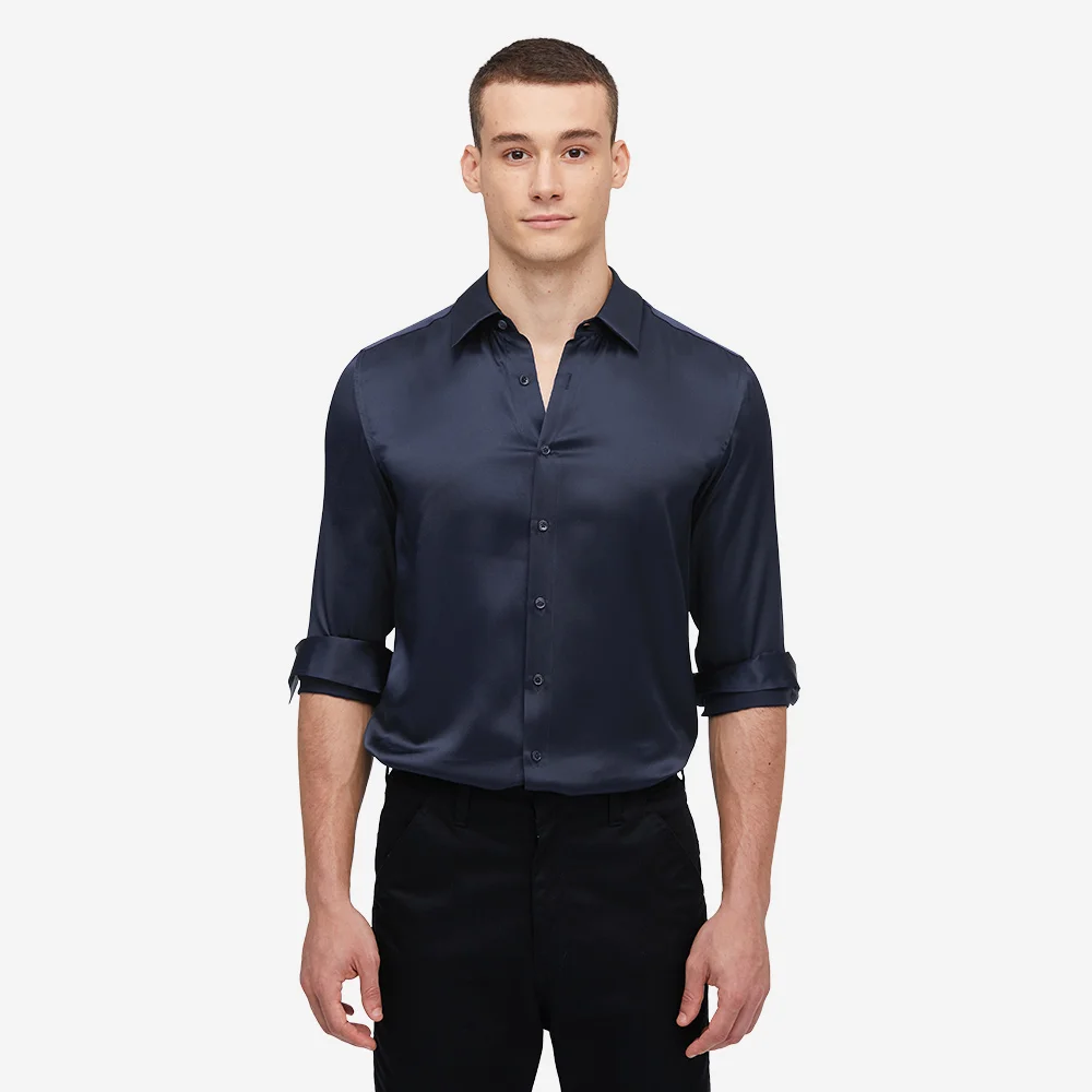 LILYSILK Mens Mulberry Silk Basic Shirt with Classic Long Sleeve and V-neck Versatile for Work Business Casual