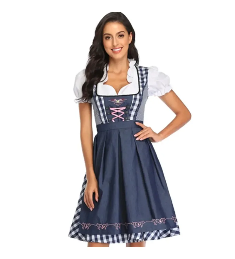 Vestido Dirndl para Mujer, Estilo Oktoberfest, Rojo a Cuadros, con Mangas Abullonadas, Disfraz para Fiesta de Cerveza Bávara Alemana, Cosplay