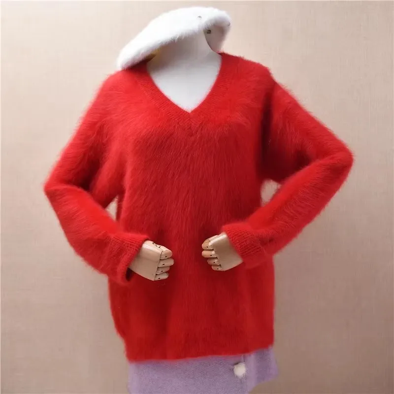Damska odzież jesienno-zimowa Czerwony włochaty norkowy kaszmirowy dzianinowy ażurowy krótki crop top z okrągłym dekoltem luźny sweter pulower