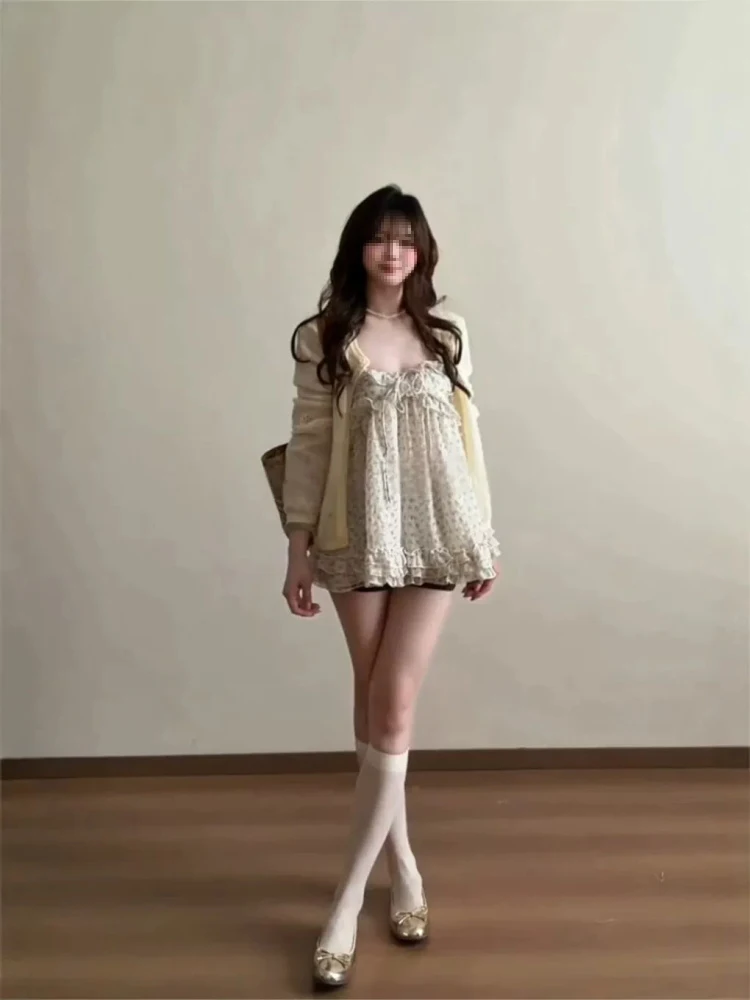 Korean Style  Floral Print Strap Knitted Light Weight Vest Women's Sun Protection Cardigan Casual Sweet Commute Style
