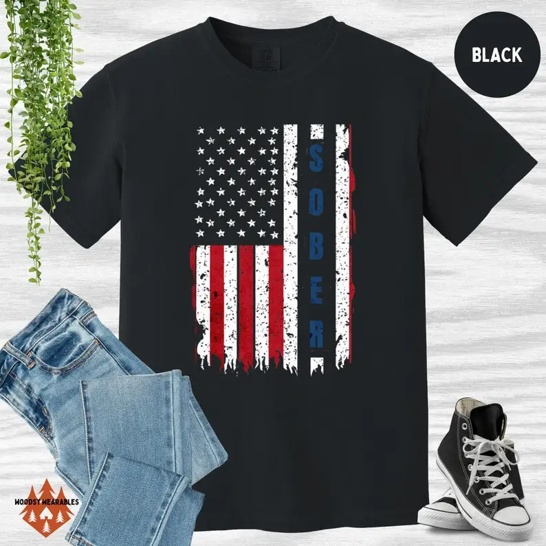 

Sober American Flag Tee, Distressed Patriotic Design, Comfort Colors®