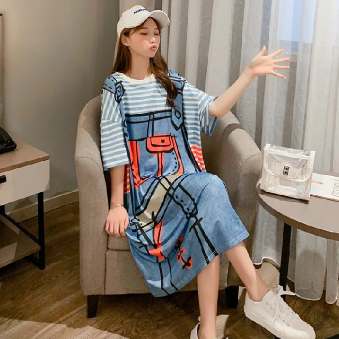 South Korea Summer Short Sleeve Loose Fit Women\'s Cartoon Print Dress Fake Two Piece Striped Strap T-shirt dress 4LBQ