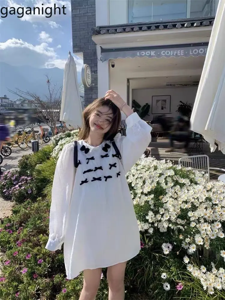 Gaganight милое темпераментное белое платье с бантом и длинными рукавами, женское весеннее милое корейское свободное белое платье в ленивом стиле First Love