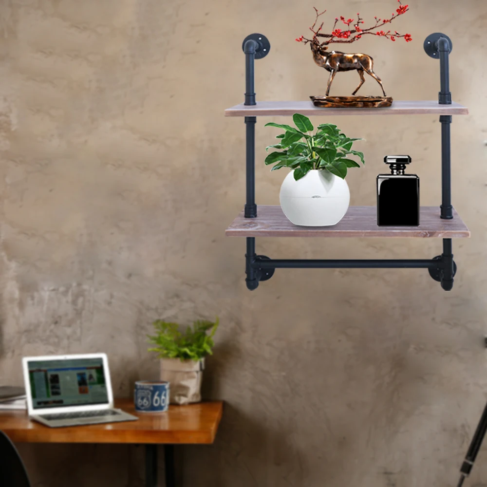 2-Tier Floating Pipe Shelving Wall Storage Rack Shelf Bracket Bathroom