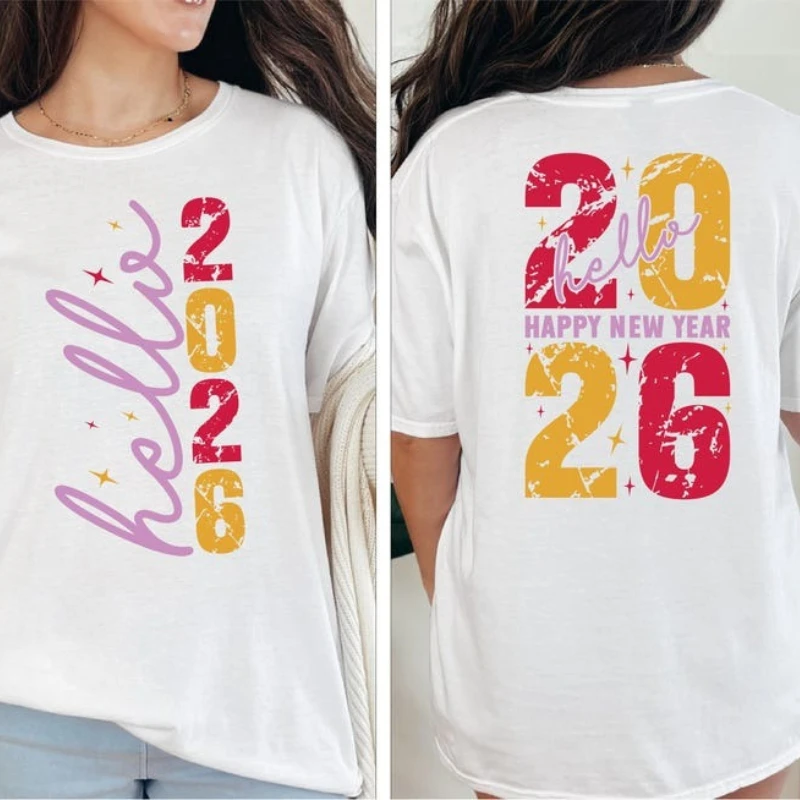مرحبا سنة جديدة سعيدة 2026 القطن تي شيرت الأسرة مطابقة الاحتفال احتفالي حفلة عطلة طاقم الرقبة موضة لينة مريحة #2