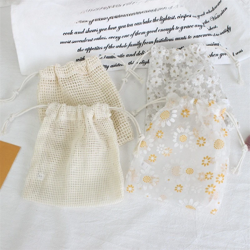 Lace Embroidered Floral Mesh Drawstring Makeup Bag Cute Summer Travel Cosmetic Toiletry Organizer Storage Pouch for Accessories