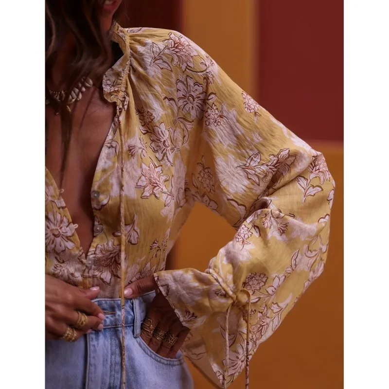 Boho Vacation Long Sleeve Shirt Fashion Flare Sleeve Lace-up V-neck Single Breasted Women Shirt 2025 New Floral Print Blouse Top