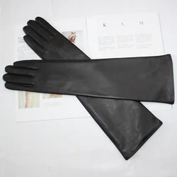 New women's long sheepskin gloves Classic solid color at elbow Versatile windproof warm fleece driving leather gloves