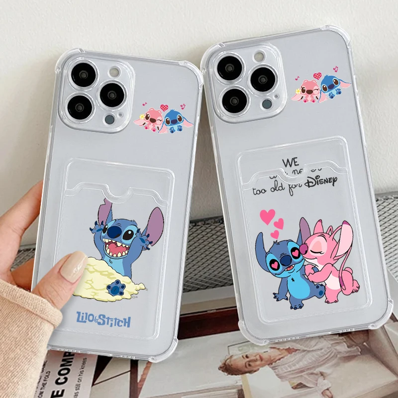 Stitch Couple Love Luxury For iPhone 15 14 13 12 11 XS XR X 8 7 Pro Max Plus Mini Photo Card Bag Transparent Funda Phone Case