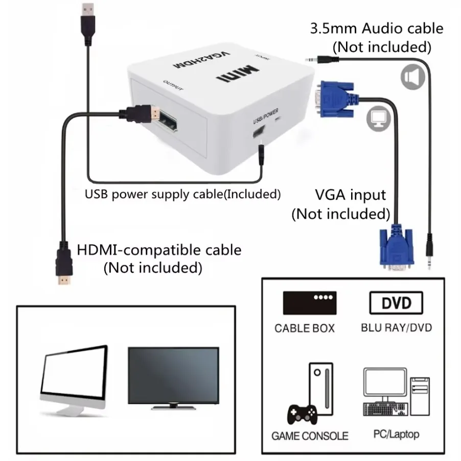 Convertidor HDMI a VGA de 1080P, adaptador compatible con VGA a HDMI con Audio para Notebook, Xbox360, DVD, PC, HD, TV Box, proyector