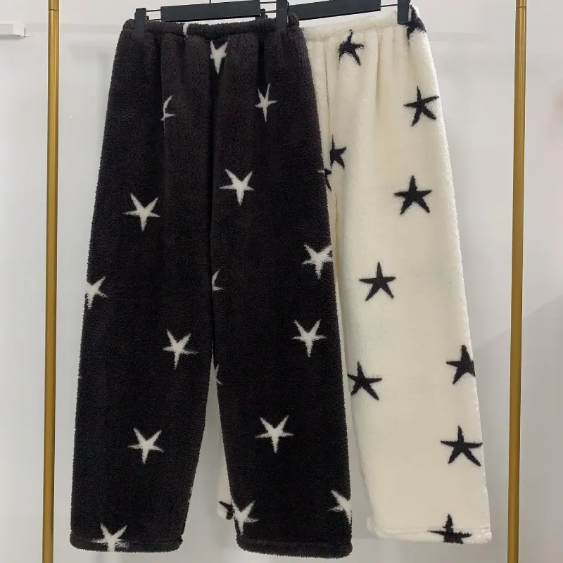 

Women's Winter Sleepwear Casual Home Pants Star Print Elastic Waist Sleeping Pants Plush Thicken Warm Coral Fleece Home Trousers