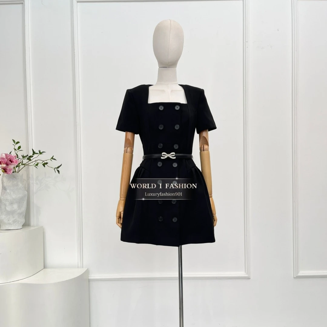 2025 Новое элегантное женское черное мини-платье с коротким рукавом