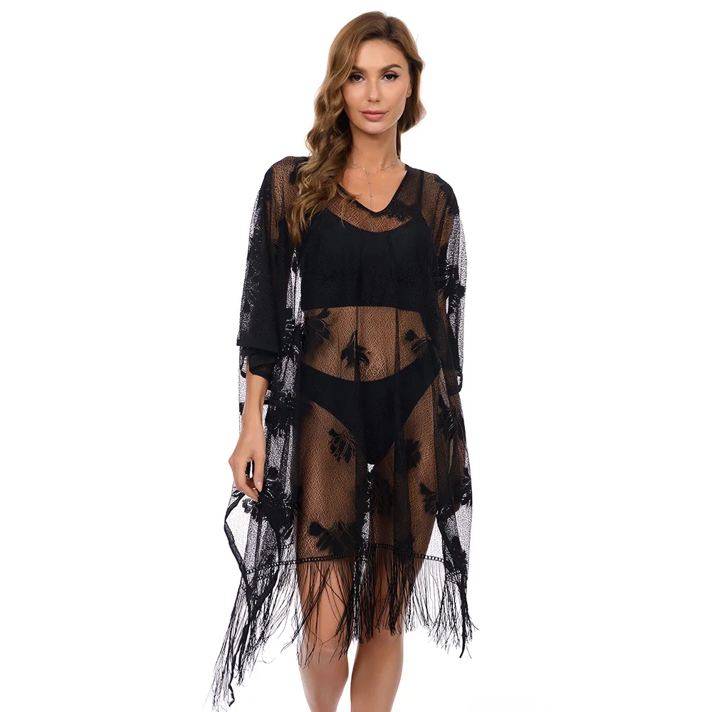 Beach Gowns Lace Bikini Gowns Women's Summer Sunscreen Shawl Seaside Holiday Leisure Fashion Beach Clothes Spring Summer Black