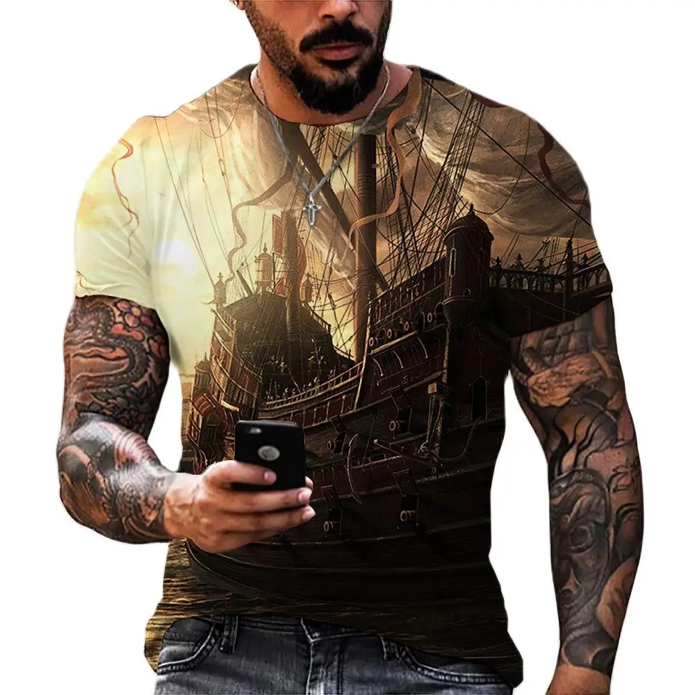 Vintage Men\'s T-shirts 3D Ship Print Short Sleeve Pirate Ship T Shirt For Men Clothing Oversized Tee Shirt Men Camiseta Hombre