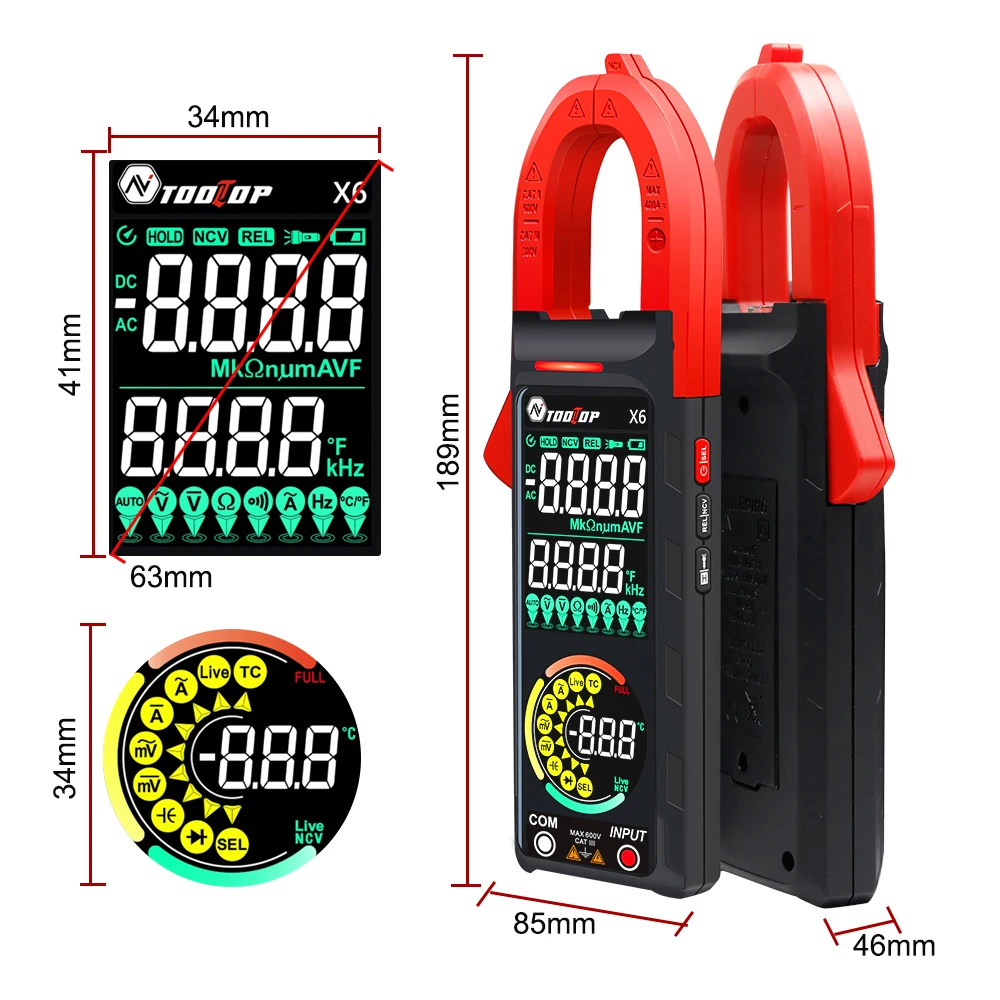 TOOLTOP X6 Portable Handheld Digital Clamp Meter AC DC 600V 6000 Counts True Rms Multimeter For Circuit Electrician Repair Tool