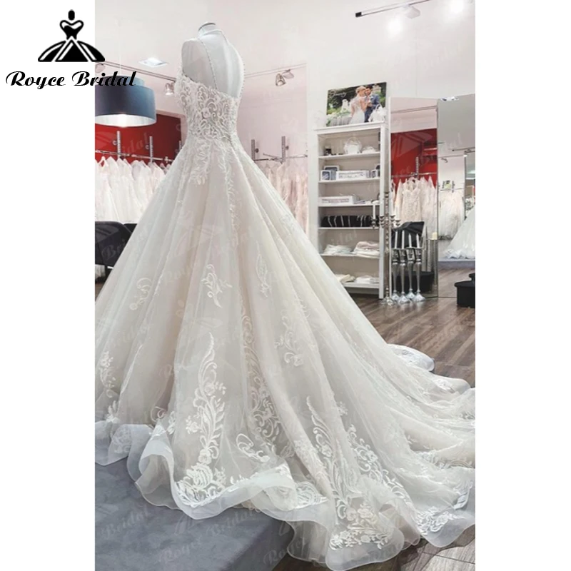 Princesa requintado com decote em v alças de espaguete botão miçangas rendas apliques vestido de baile vestido de casamento tule vestido de noiva varredura