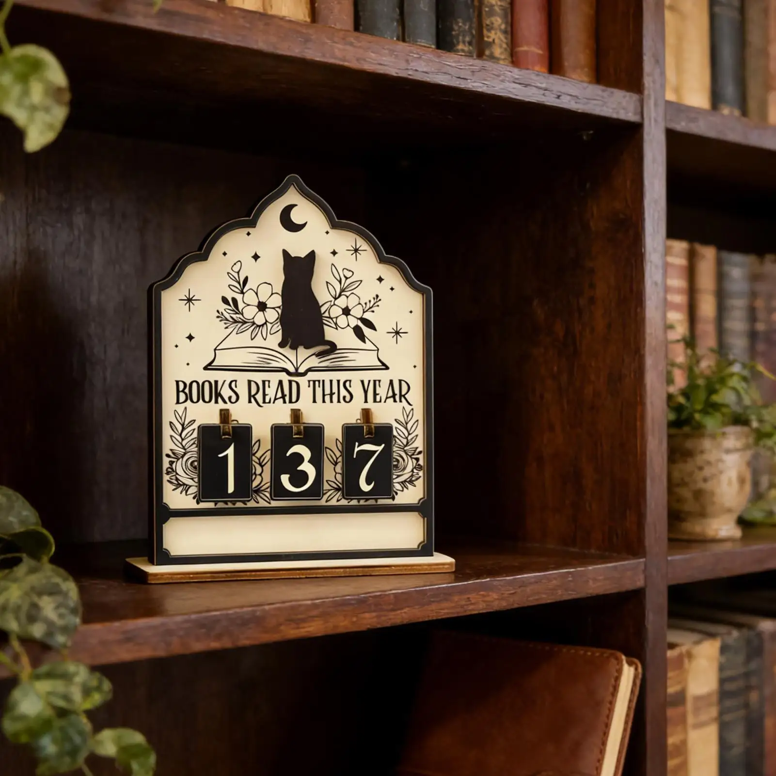 Letrero decorativo para mostrador de libros con temática de gatos para biblioteca, con capacidad para hasta 999 libros, ideal para Navidad, mostrador de baño, lectores, recetas y entusiastas de la lectura.