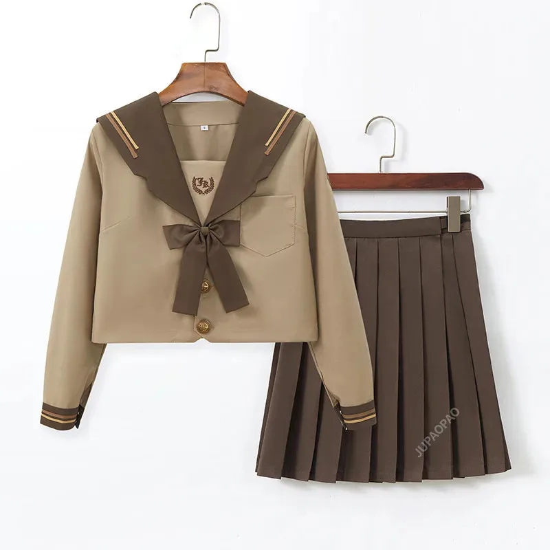 

Japanese Fashion School Uniform Soft Girl JK Uniform Student Skirt Girl Milk Tea Brown Navy Wind Sailor Suit Pleated Skirt Set