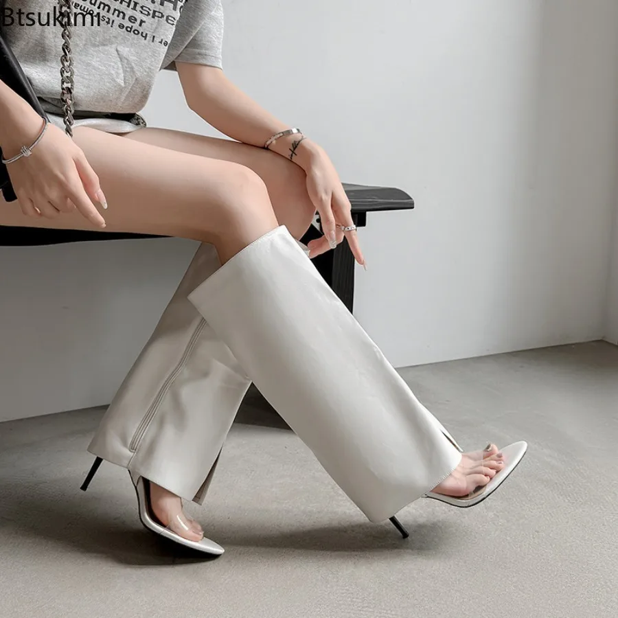 

New 2025 Summer Women's Knee High Chelsea Boots Open Toe High Heel Trendy Party Pumps Side Zipper Flip Flops for Ladies Shoes