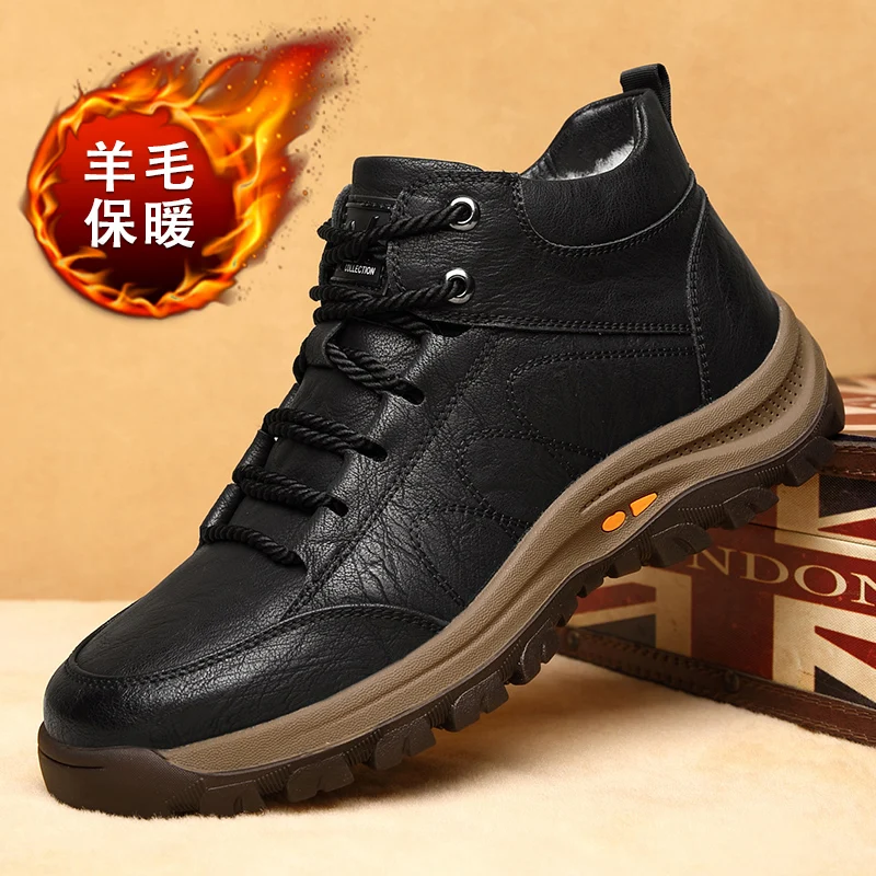 

2025 зимние ботинки, мужская обувь из натуральной кожи, теплые плюшевые ботинки из коровьей кожи на толстой подошве, модные мужские ботильоны