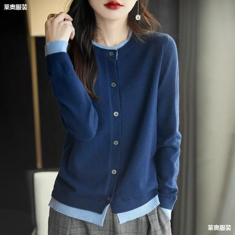 

Women Knitted Cardigans Autumn Winter Round Neck Outwears Casual Long Sleeve Sweaters Button Contrast Color Warm Coat