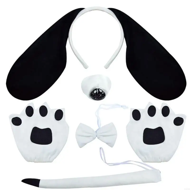 H58E Dog Costume Tail Nose Tail Bowtie Glove and Skirt, Dog Fancy Dress up Outfit Child Halloween Animal Costume Accessories