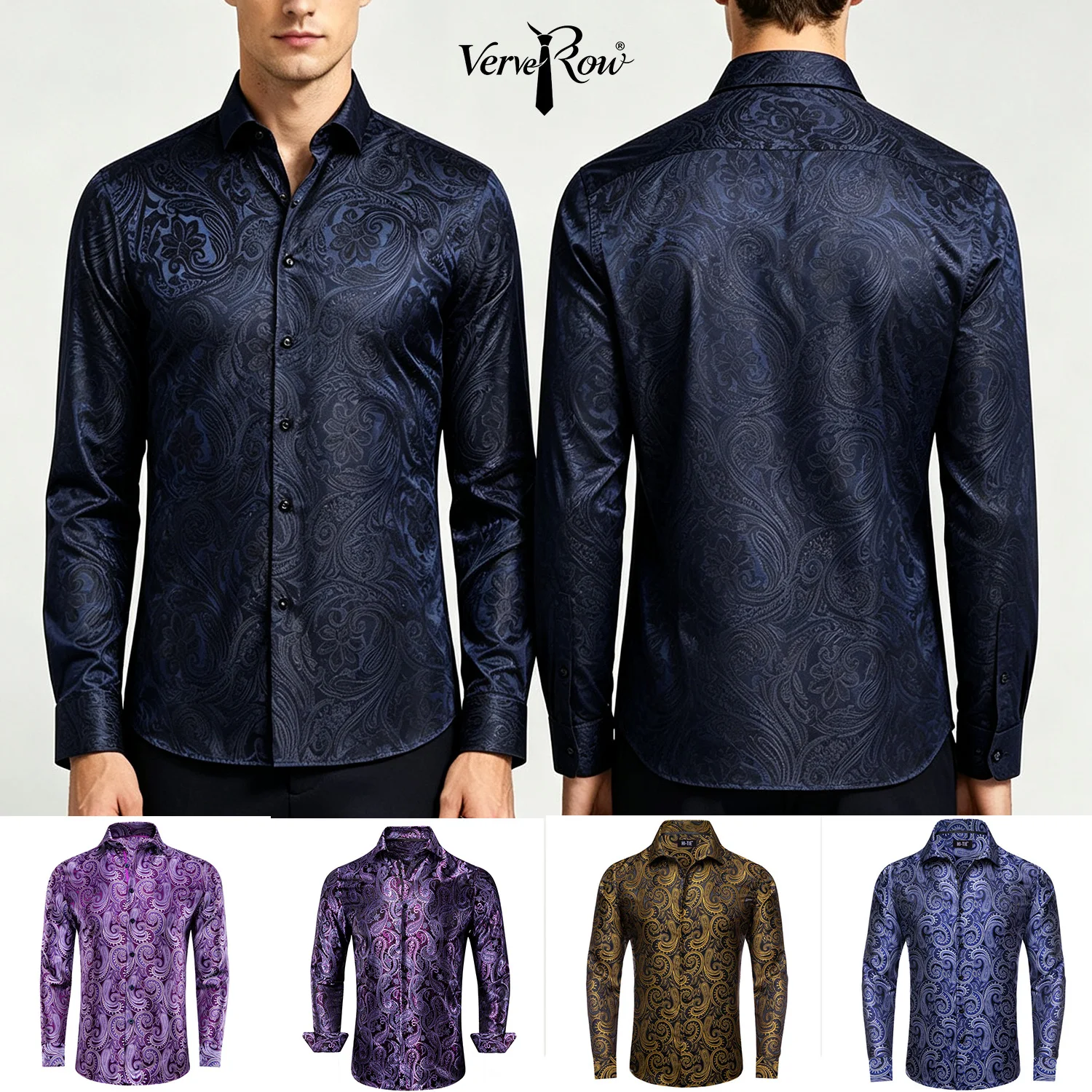 Single Paisley Long Sleeve Shirt Men, Gold or Purple or Black or Blue or Brown, Loose Button Collar Daily Casual Wear