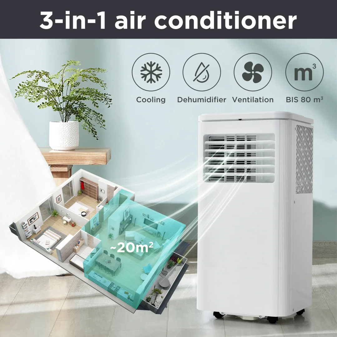Aire acondicionado portátil con 7000 BTU/h, 2KW. Deshumidificador de aire con función de extracción, control remoto/control por aplicación/3 modos de funcionamiento/compatible con temporizador de 24 horas