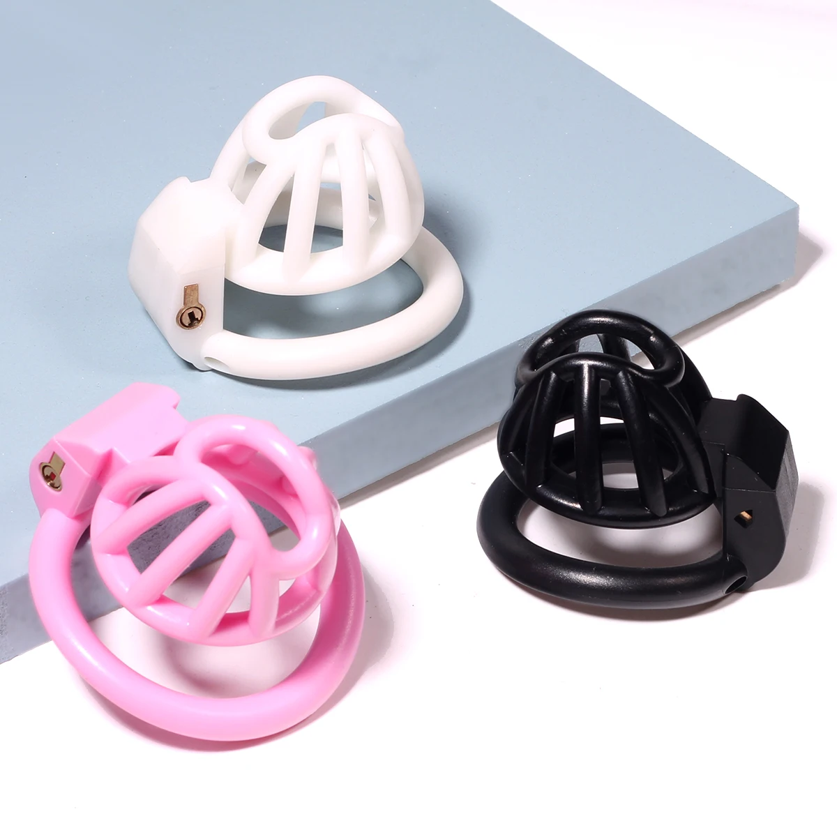Pink/black /white Locked In Lust Male Chastity Device Chastity Cage With 4 Base Ring
