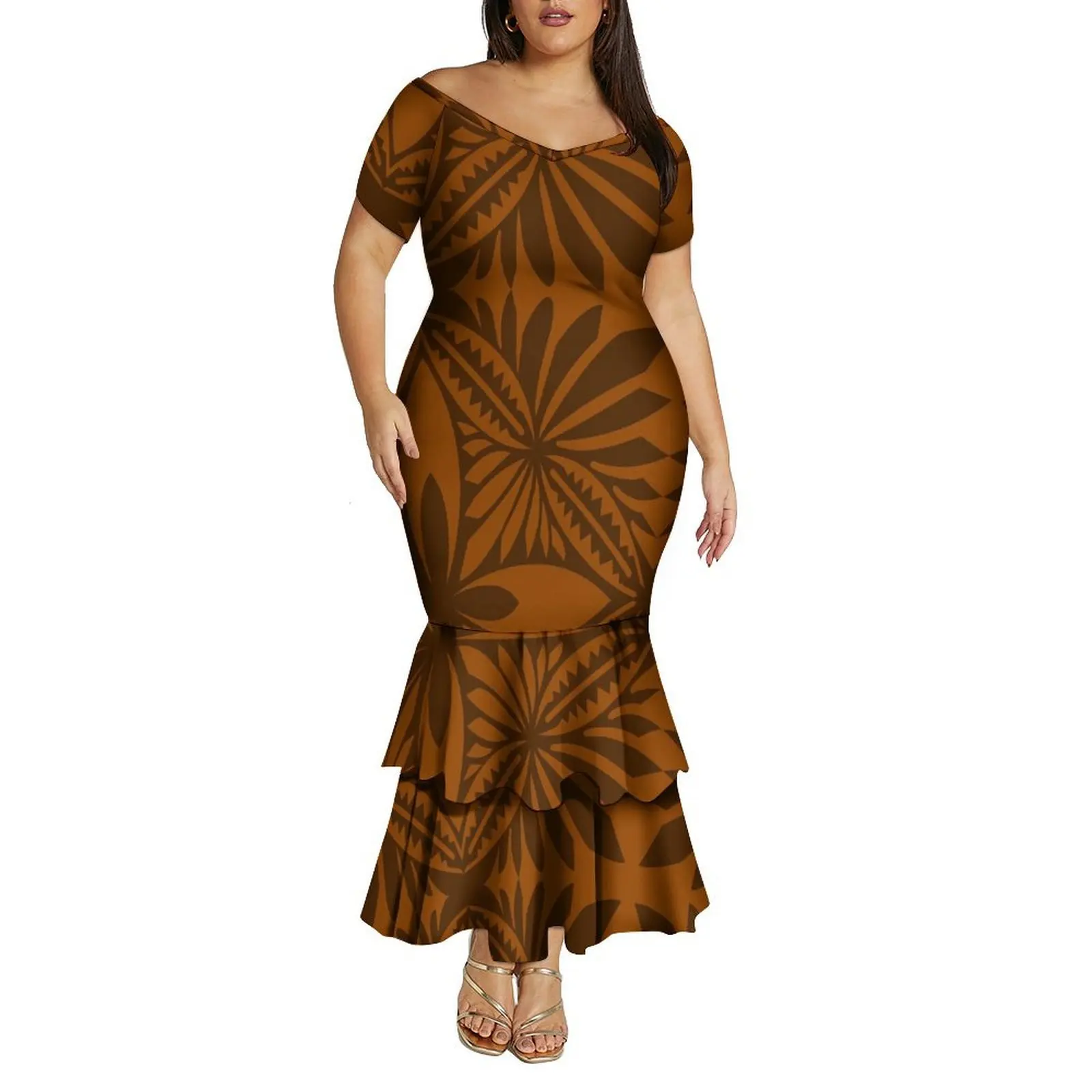 Vestido feminino grande com decote em V, ombro de fora, camada dupla, rabo de peixe, um padrão de vestido fino feito sob medida para polinésia