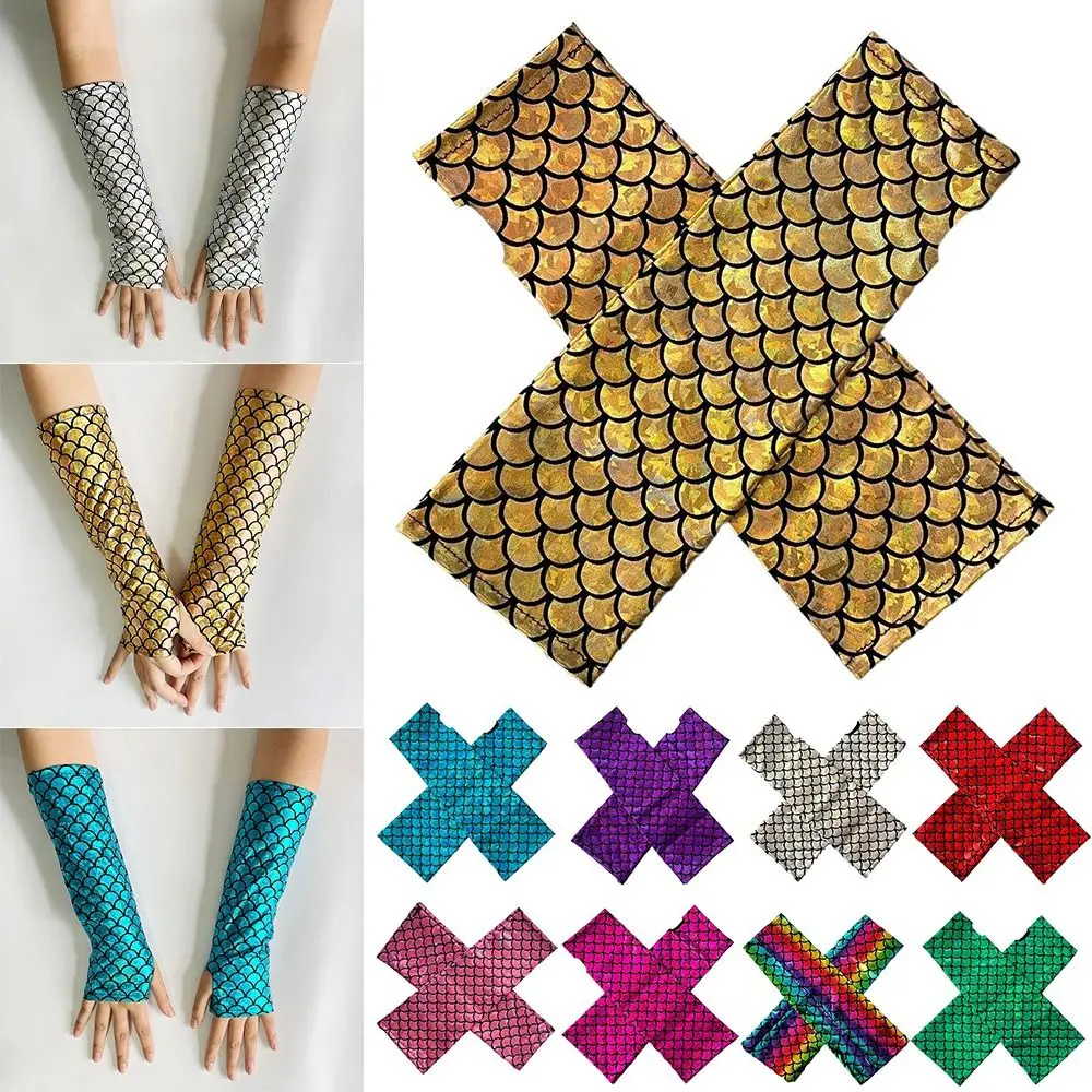 Colorful Design Fish Scale Gloves Fish Scale Pattern Fashion Personality Cosplay Gloves Long Length Mermaid Gloves