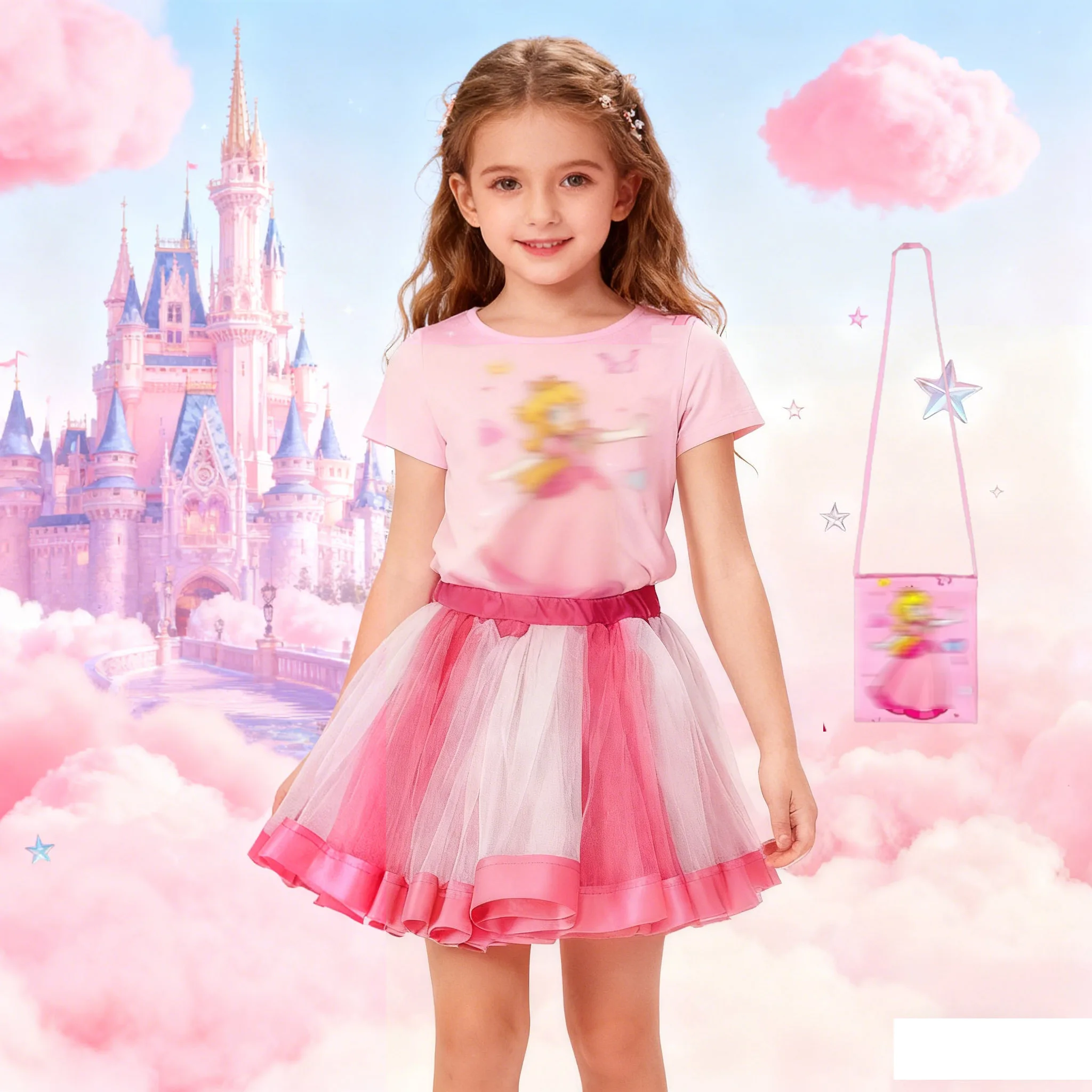 

3pcs Girls Princess Peach Fancy Costumes carnival Cosplay Infant Kids Fancy Party Pink Clothes +tutu skirt +bag Sets For 1-8 Yea