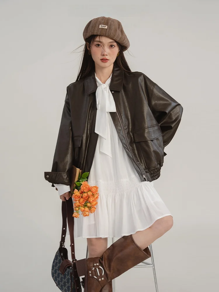 Loveheynew Bla Retro motorfiets leren jas dames losse afslankende PU-leren jas herfst winter nieuwe Sle bovenkleding