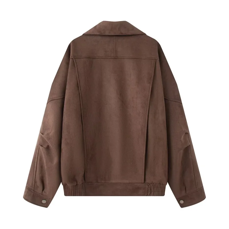 KEYANKETIAN 가을 겨울 신상 여성 의류 라펠 숄더 패치 불규칙 플래킷 벨트 루즈 스웨이드 재킷 여성 코트