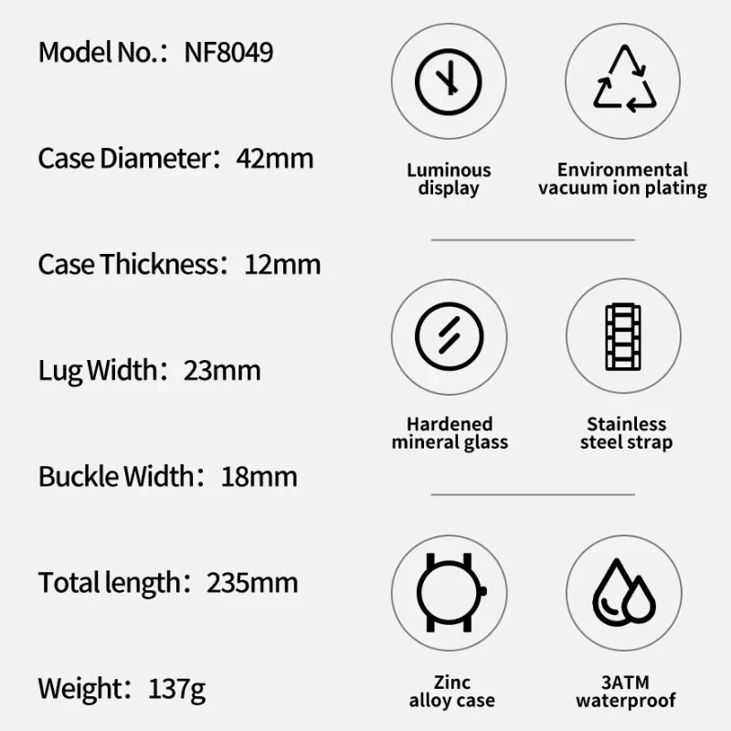 NAVIFORCE Multifunction Fashion Wild Male Wristwatch Waterproof Luxury Stainless Steel Band Quartz Calendar Men's Watches NF8049