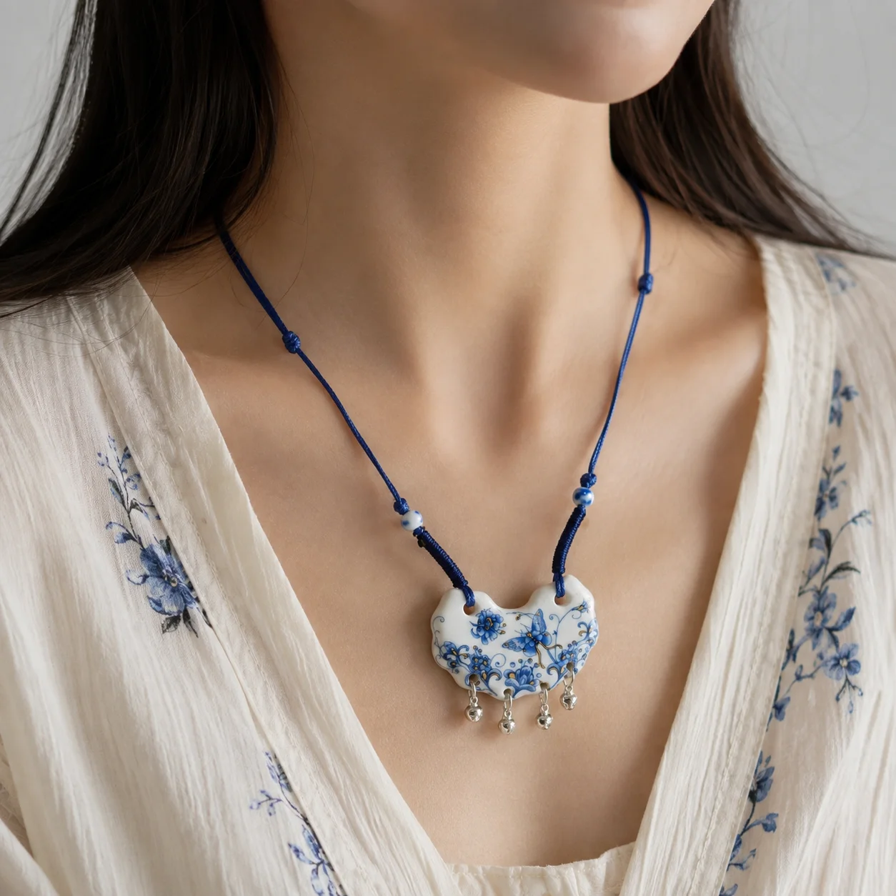 Blau Und Weiß Porzellan Halskette Antike Hand Woven Schmetterling Anhänger Großhandel Z030