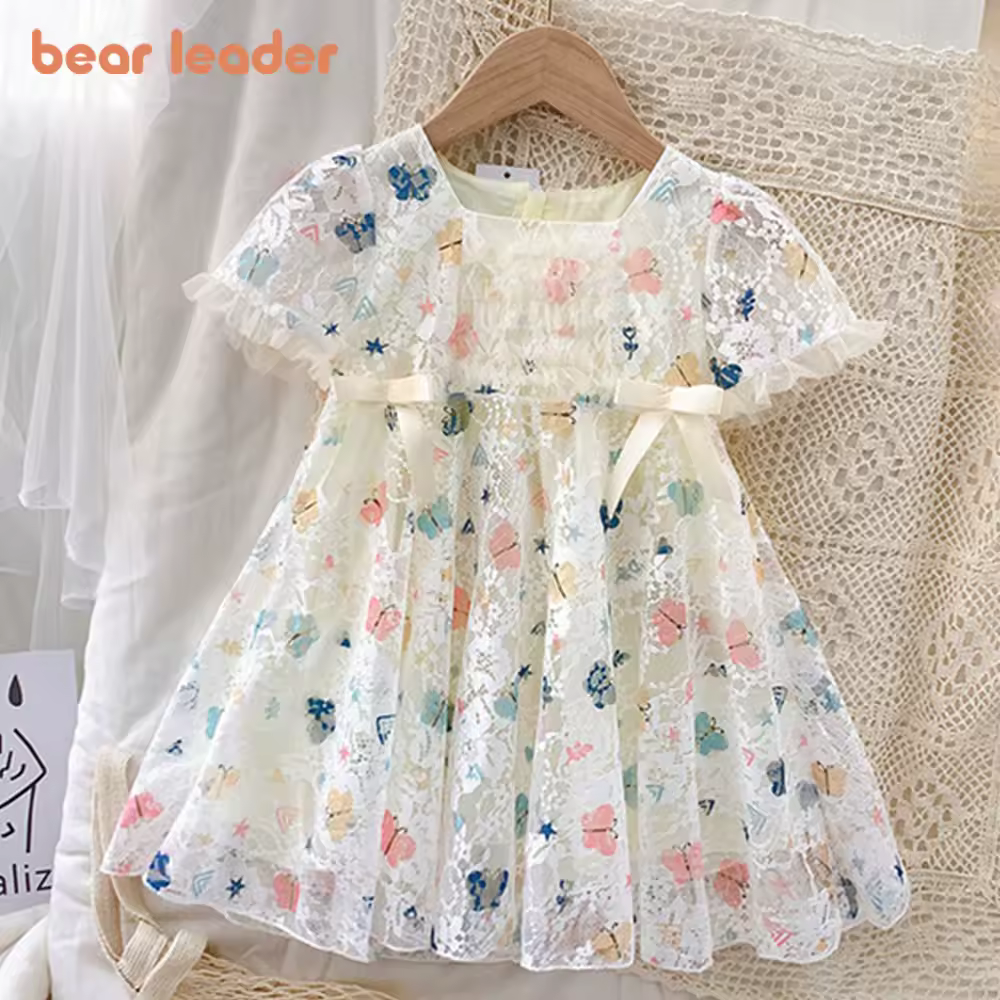 שמלות נסיכה לילדות Bear Leader לקיץ בגדי ילדים עם הדפס פרפר, קשירת תחרה ושמלה נוחה לתינוקות