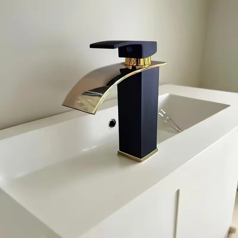Wasserfall-Waschbecken, Edelstahl, hoher und niedriger Wasserhahn, schwarz, heißes und kaltes Toilettenwaschbecken, Badezimmer