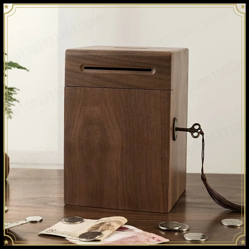 Solid Wood Savings Box with Lock, Creative Coin Bank for Adults, Secure Money Storage Jar for Home Gift