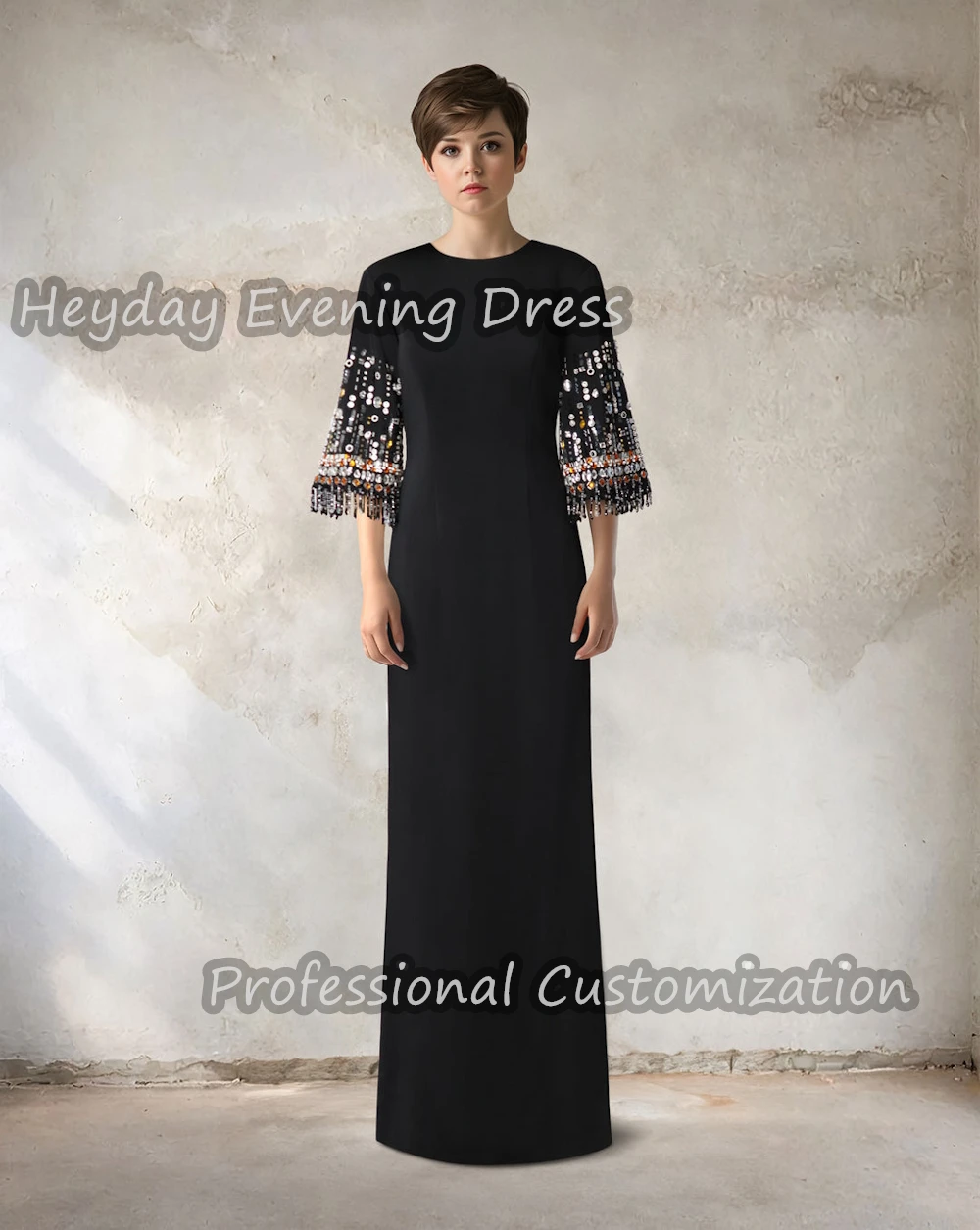 Heyday O-Neck Saudi Straight Beaded Prom Party Gown Crepe Short Sleeves Floor Length Elegant Sexy Dress For luxurious Woman 2024