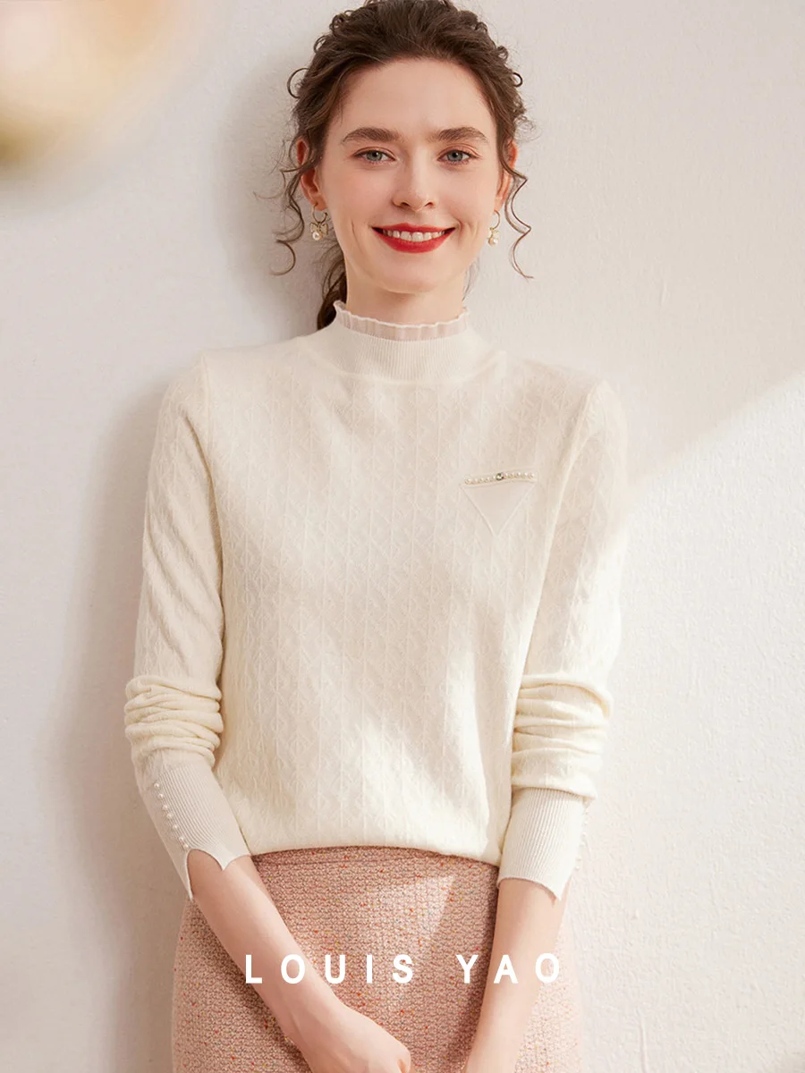 LOUIS YAO 2024 Winter Lace Half High Neck Knitted Shirt Fashion Commuter Micro Elastic Texture Long Sleeve Women's Bottom Shirt