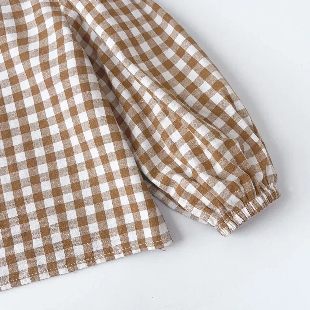 Children's Clothing Autumn Khaki Plaid Suits Long Sleeved Round Neck Top+Shorts Two-piece Sets Simple Basic Girl's Clothing image 4