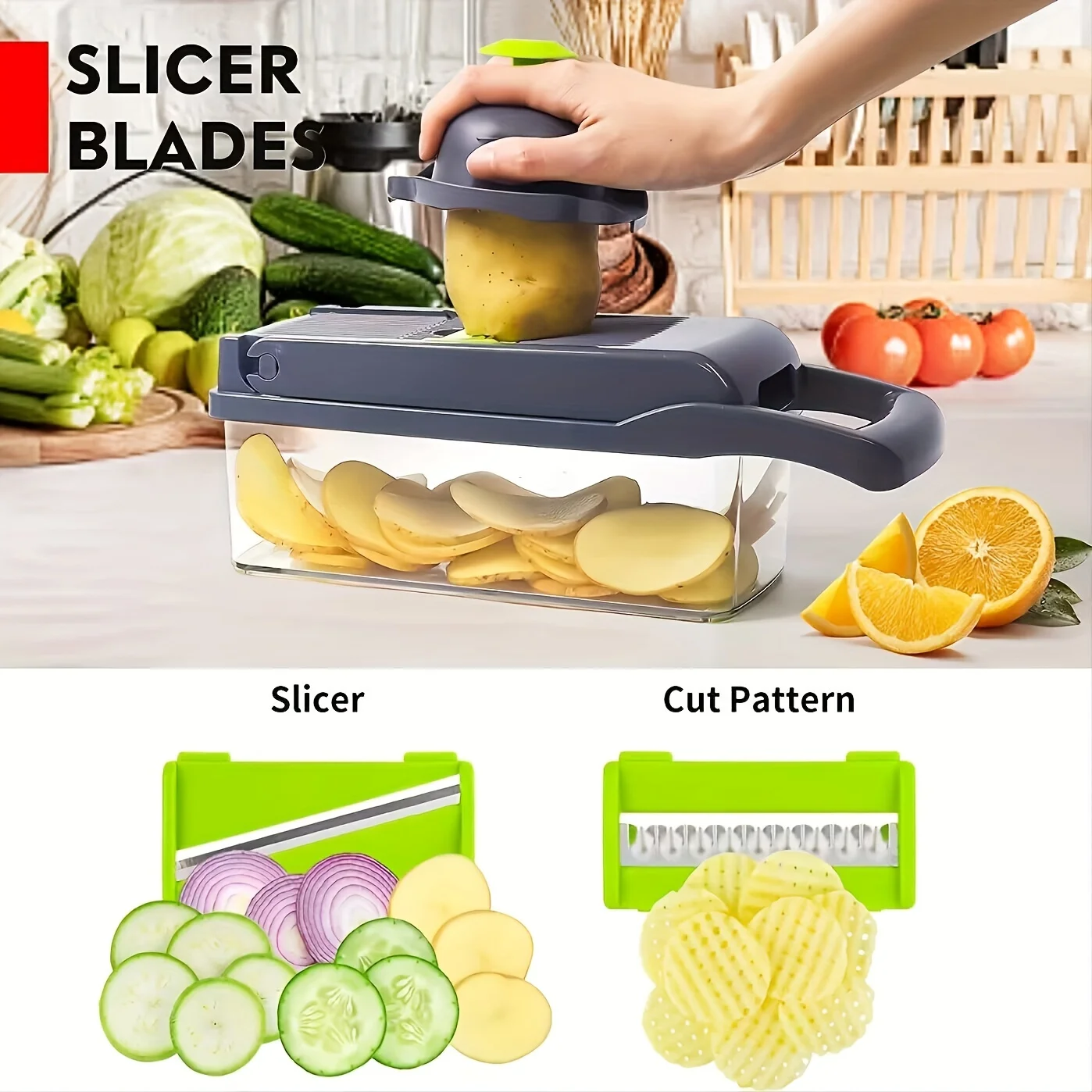 1pc Kitchen Vegetable Chopper, 13-in-1 Food Cutter With 8 Stainless Steel Blades And Container - Ideal For Slicing Onions