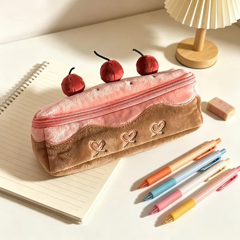 1Pc New Plush Cherry Cake Pencil Case, Large‑Capacity Multifunctional Stationery Bag for School, Office & Desktop Decoration