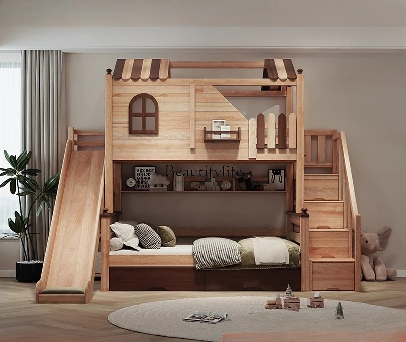 

Full solid wood upper and lower bunk beds, bunk beds in bed and breakfast, high and low tree house beds