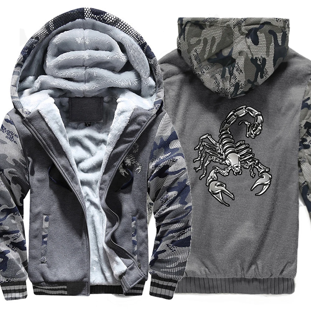 London Scorpion Street Printed Hoodies Men Winter Plus Velvet Thickening Jacket Casual Zip Up Sweatshirt Fleece Coats Man