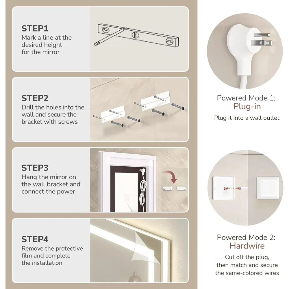 Espelho de banheiro de vidro temperado retroiluminado LED sem moldura de 48 x 36 polegadas com iluminação de vaidade